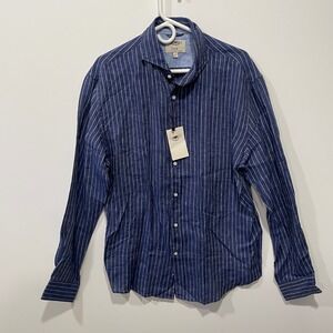 RICHARD CHOI The ONE Men's Blue Stripe Button Down Shirt XL 100% Linen
